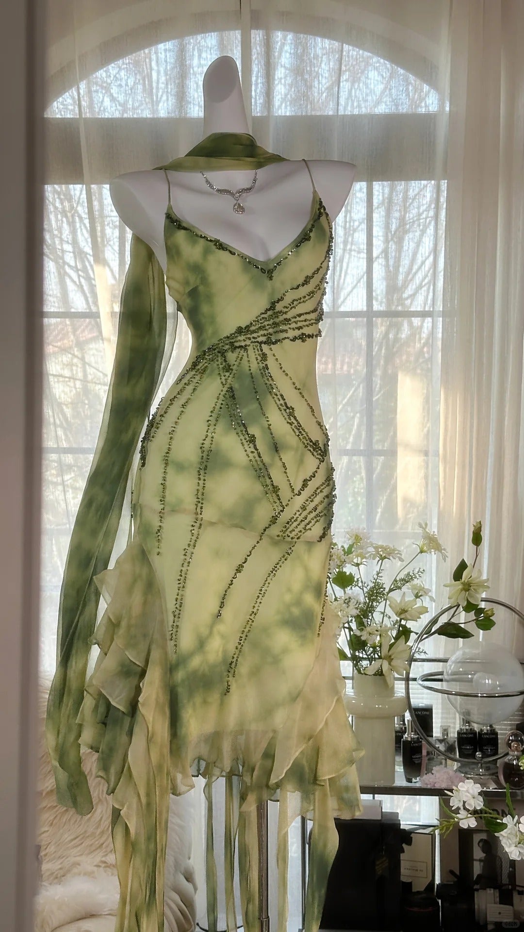 Green Romantic Elegant Exquisite Beaded Backless Long Chiffon Ruffle Homecoming Dress Prom Dress Evening Dress Birthday Vacation Party Dress gh4008