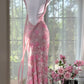 Pink floral vintage beaded lace long prom dress evening dress party dress gh4819