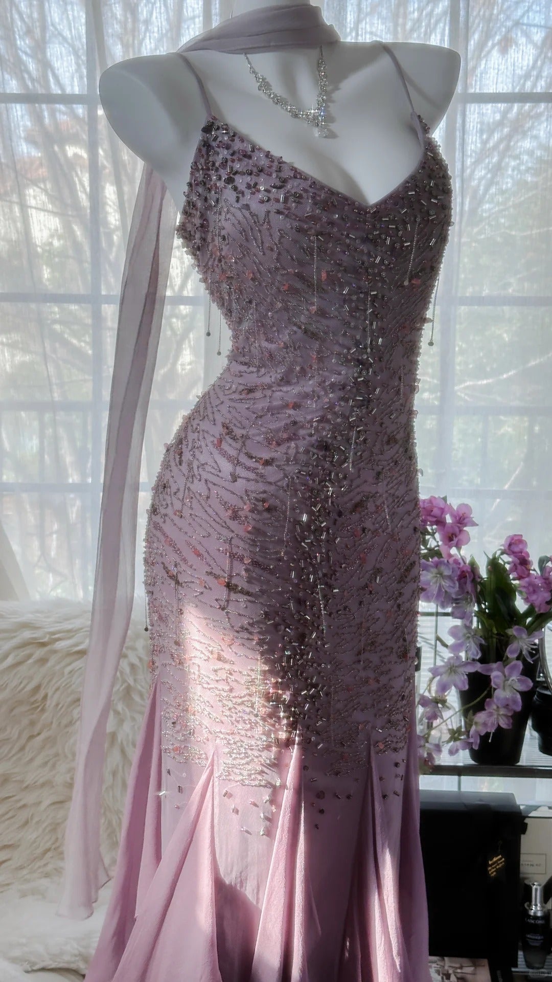 Rosa Lila Elegant Romantisch Exquisite Perlen Langes Chiffon Ballkleid Abendkleid Geburtstags-/Hochzeitsgast-/Urlaubspartykleid Ballkleid gh4021