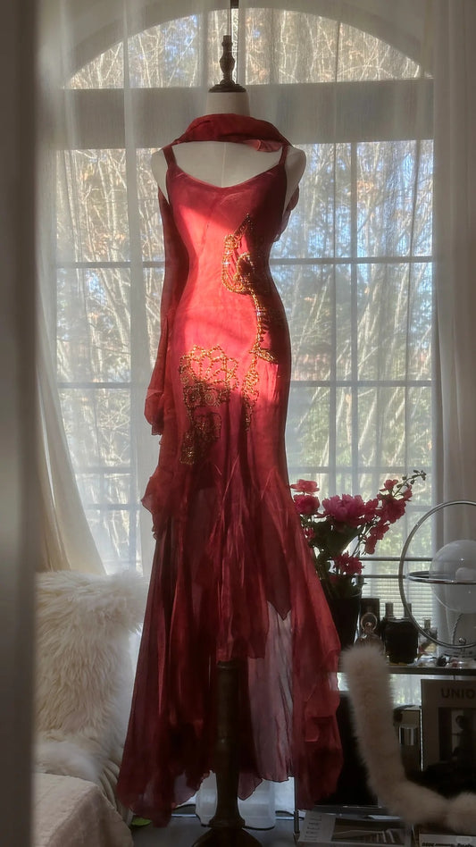Robe de soirée sirène en mousseline de soie, élégante et raffinée, motif lotus doré, longue, style romantique, élégante, avec perles dorées, idéale pour un anniversaire, un mariage, des fêtes, un bal, la Saint-Valentin, gh4029
