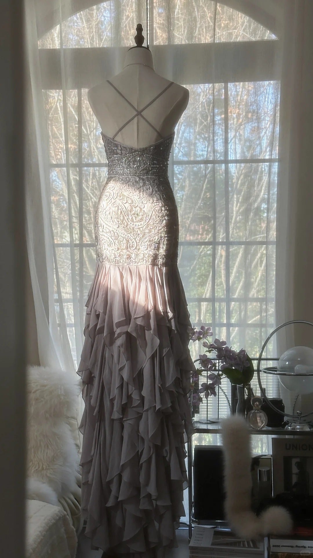 Robe de soirée longue en mousseline de soie, magnifique, élégante et romantique, en dentelle perlée, robe de bal, robe de fête d'anniversaire, gh4046