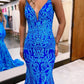 Blue shiny V neck bodycon long elegant sequin ball gown evening dress gh2720