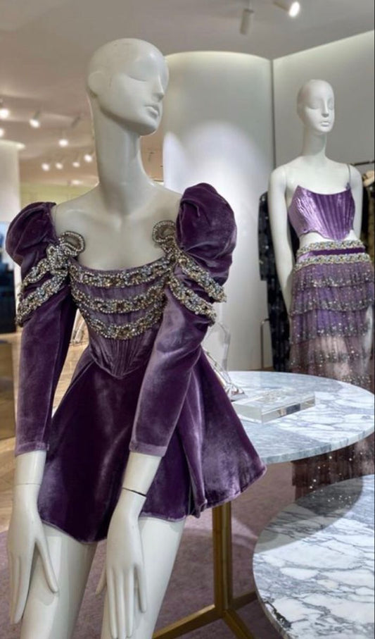 Girlhomeshops - Robe de soirée courte violette à manches longues en velours, style rétro, brillante, pour anniversaire, gh5340