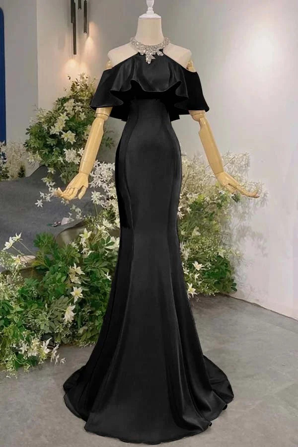 Off-Shoulder Halter Pink Satin Mermaid Gown | Luxury Elegant Ruffle Train Maxi Dress for Gala Ball gh6482