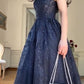 Robe de soirée élégante en tulle et dentelle, style vintage, bleu marine, sans bretelles, coupe trapèze, longue, gh3616