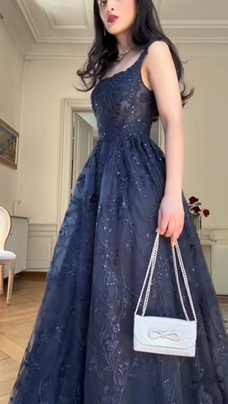 Robe de soirée élégante en tulle et dentelle, style vintage, bleu marine, sans bretelles, coupe trapèze, longue, gh3616