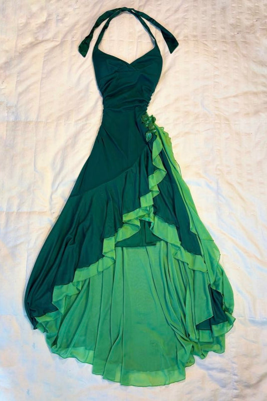 girlhomeshops - Robe de soirée longue vintage verte dégradée à col halter et volants floraux 3D gh6018
