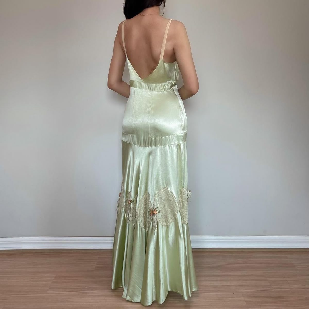 Girlhomeshops-Light green vintage French elegant satin long Prom dress evening dress party dress wedding guest dress gh5158