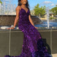 Robe de soirée longue et sexy à paillettes, dos nu, traîne longue, violette, brillante, gh3927