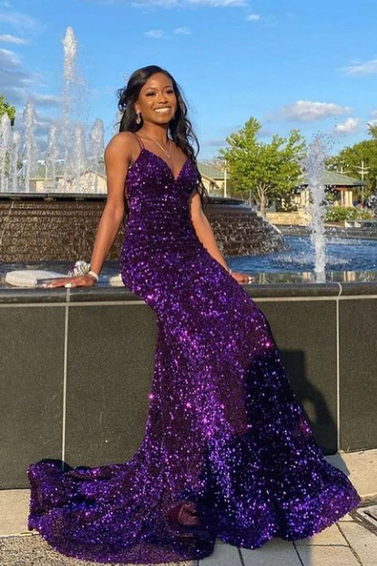 Robe de soirée longue et sexy à paillettes, dos nu, traîne longue, violette, brillante, gh3927