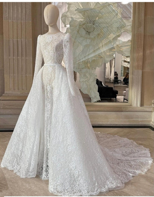 Luxury Palace Style Crew Neck Long-Sleeve Wedding Gown | White Lace Ballgown Train Maxi Dress for Wedding Bridal High-End Dinner Social Event gh6431