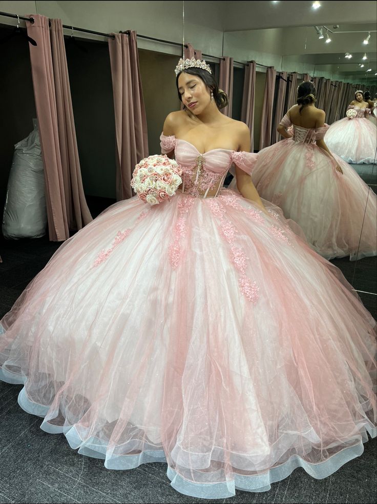 Pink Glitter Off-shoulder Crystal Applique Lace Tulle Sweet Long Ball Gown Evening Gown Adult Ceremony Dress graduation dress gh3133