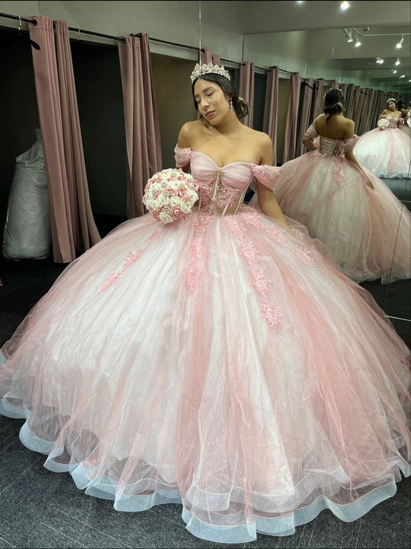 Light Blue Off The Shoulder Tulle Lace Appliques Princess Dresses Glitter Ball Gown Y8129