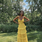 Yellow fashion elegant simple spaghetti strap long chiffon tiered ball gown evening dress party dress gh2788