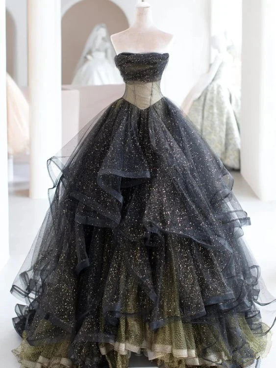 Black gold shiny elegant long tulle ball gown evening gown graduation dress beauty pageant dress gh2609