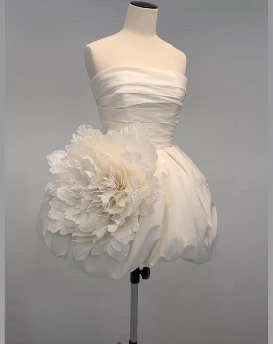 Girlhomeshops-Ivory Short Floral Satin Homecoming Dress Birthday Party Dress gh5050