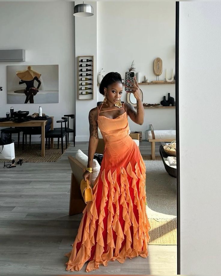 Rosa/Orange/Grün Gradient Spaghetti-trägern Mode Elegante Lange Rüschen Chiffon Ballkleid Abendkleid Party Kleid gh3252