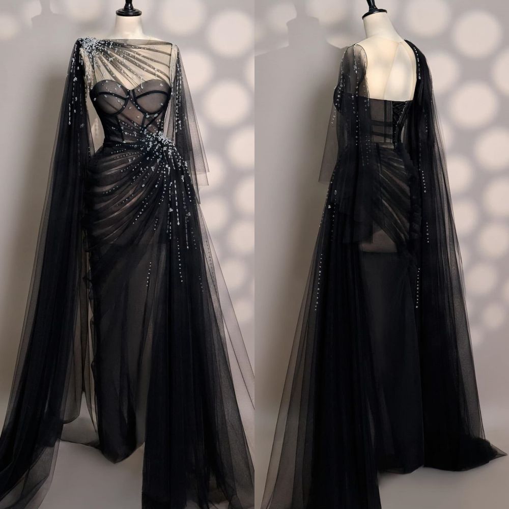 Girlhomeshops - Schwarz/Weinrot/Hellbraun Exquisite Perlenbesetzter Herzausschnitt Langes Tüll-Ballkleid Abendkleid Partykleid gh5386