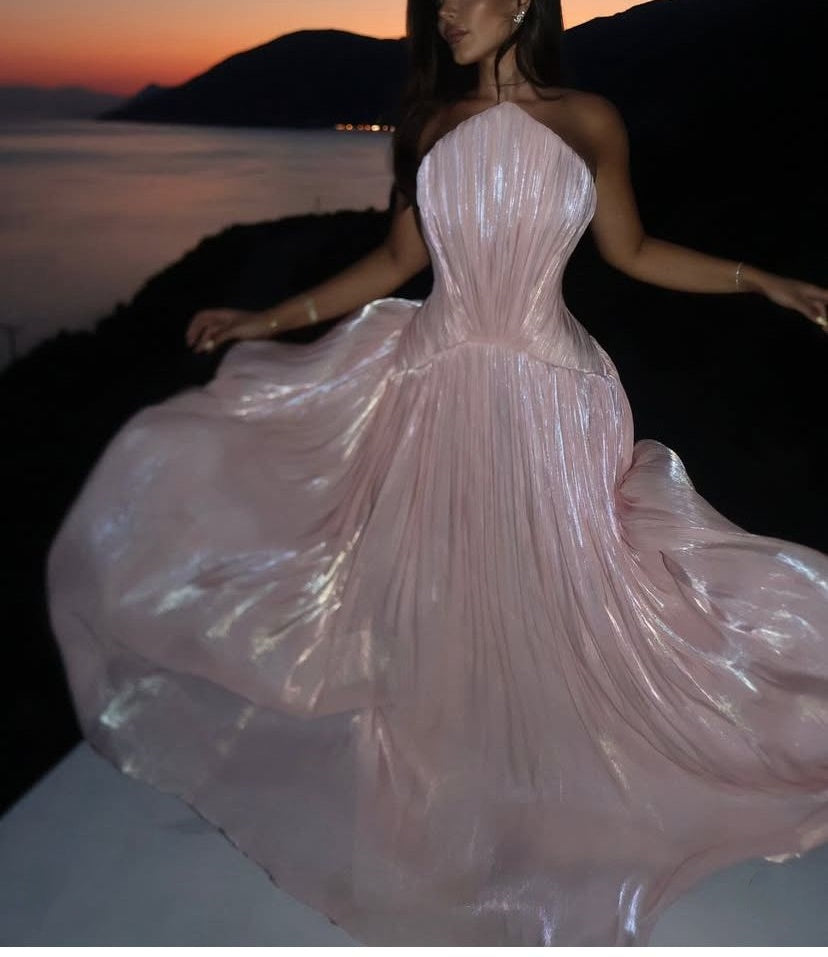 Girlhomeshops – Langes Ballkleid aus rosa Satin, Geburtstagspartykleid, gh5454