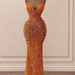 Orange gorgeous shiny V-neck mermaid slim spaghetti straps long sequined ball gown evening dress party dress gh2070