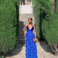 Blue v-neck low-cut hem ruffled slim long chiffon ball gown evening dress party dress gh3037