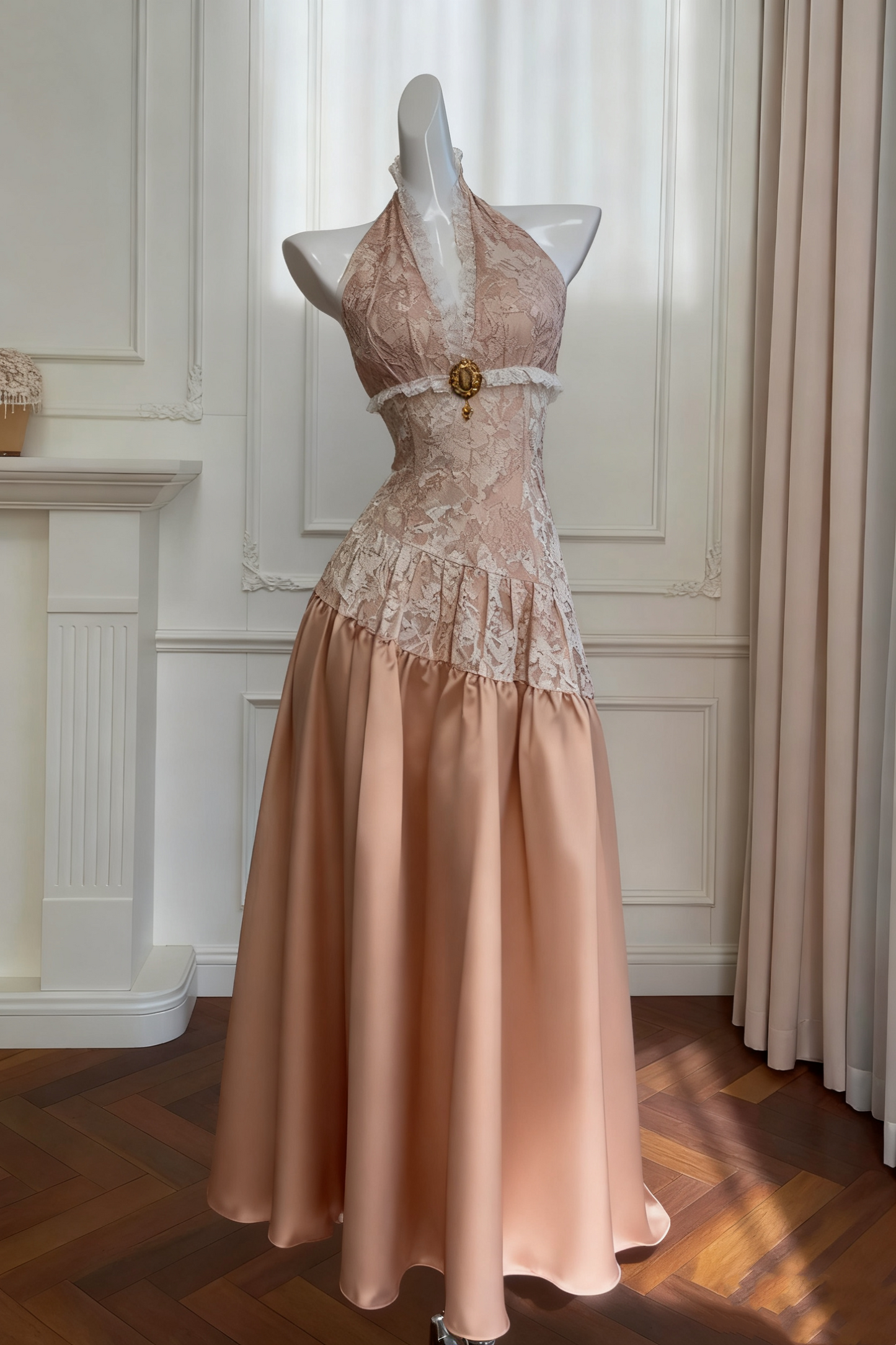 girlhomeshops-Vintage Lace Jacquard Halter Evening Dress, Long Sleeveless Elegant Party Gown gh5902