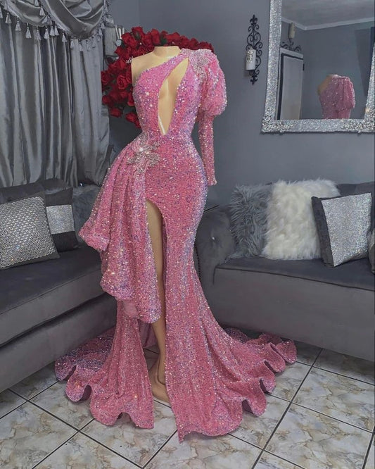 Pink/red Gorgeous Shiny Elegant Long Slit Sexy Floor-Length Train Ball Gown Evening Dress Party Dress gh3249