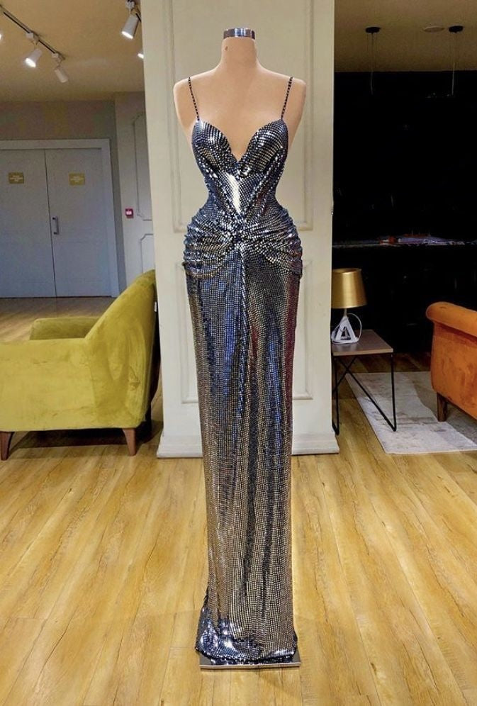 Girlhomeshops-Cyberpunk silver cold metallic fashion tight long Prom dress evening dress gh5021