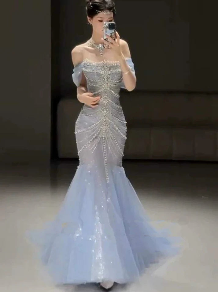 Blue gorgeous shiny beautiful off-shoulder exquisite beading long tulle mermaid slim fishtail skirt ball gown formal evening gown wedding dress gh3559