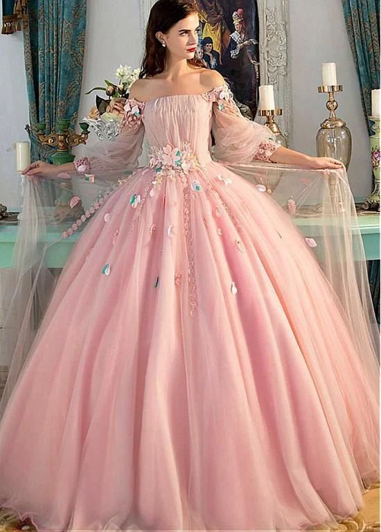 Pink delicate floral applique fairy long sleeves long tulle ball gown evening dress gh2279