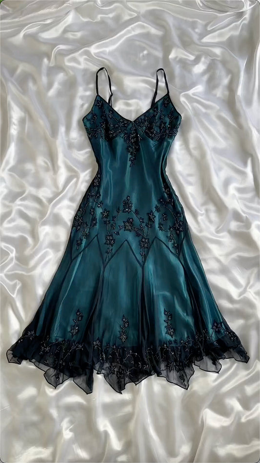 Robe de soirée courte en mousseline de soie, magnifique robe de soirée vintage exquise à bretelles spaghetti et perles, bleu paon, robe de soirée, robe de soirée, robe de soirée, gh3334