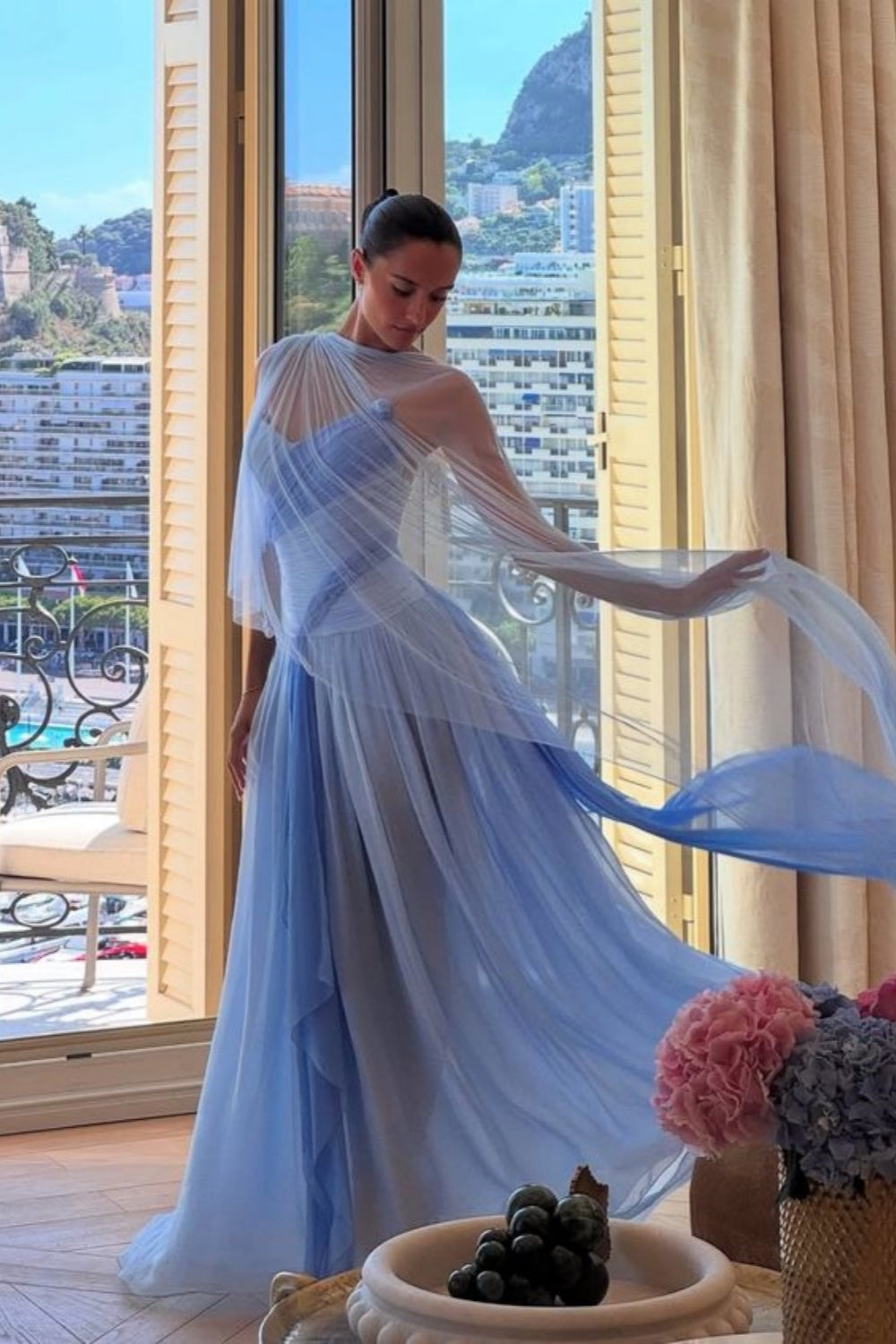 girlhomeshops-(Includes Scarf)Soft Blue Elegant Classic Dress Gradient Dress gh6327