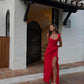 Red square neck spaghetti straps long chiffon ruffles elegant sexy slit ball gown evening dress wedding guest party dress gh3323