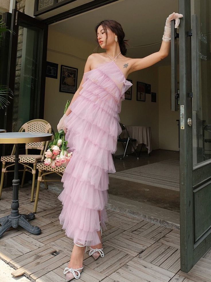 Pink Sweet Backless Long Tulle Ball Gown Evening Dress Party Dress gh3297