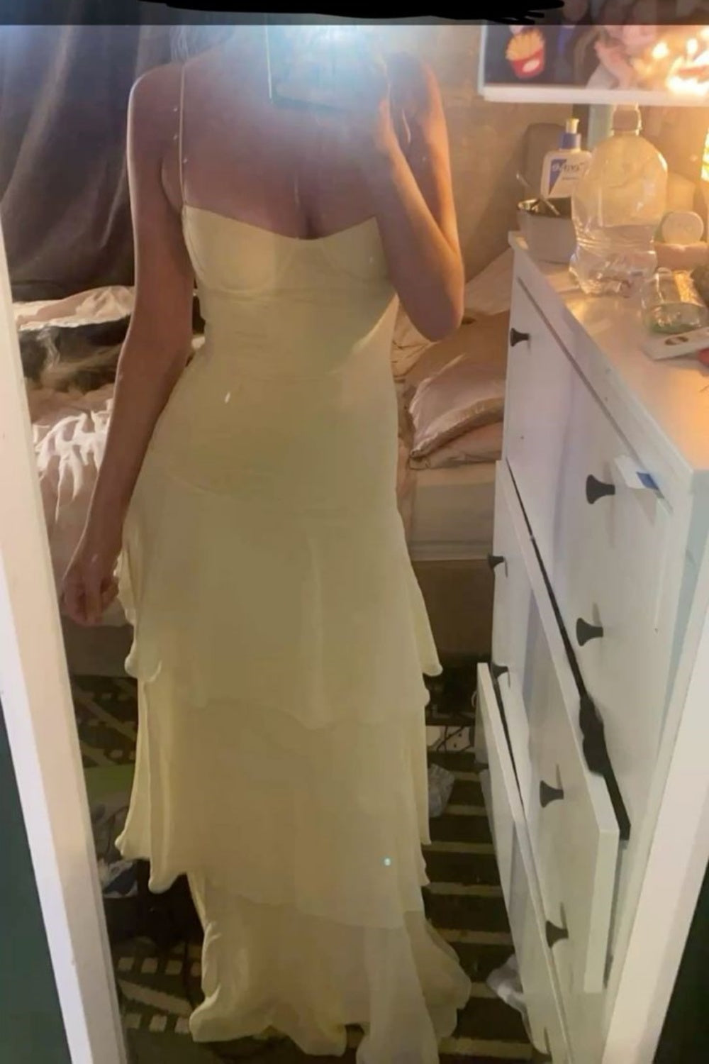 girlhomeshops-Gelbes lässiges, gerüschtes, langes Chiffonkleid gh5860