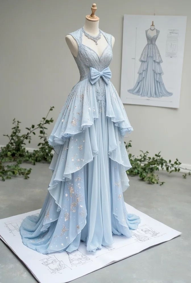 Robe de soirée longue en tulle à volants de style rococo, bleu doux et esthétique, gh4729