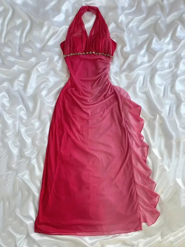 girlhomeshops - Robe de soirée vintage rose rouge à col halter en maille pailletée, ornée de fleurs 3D et de volants à la taille cintrée gh5996