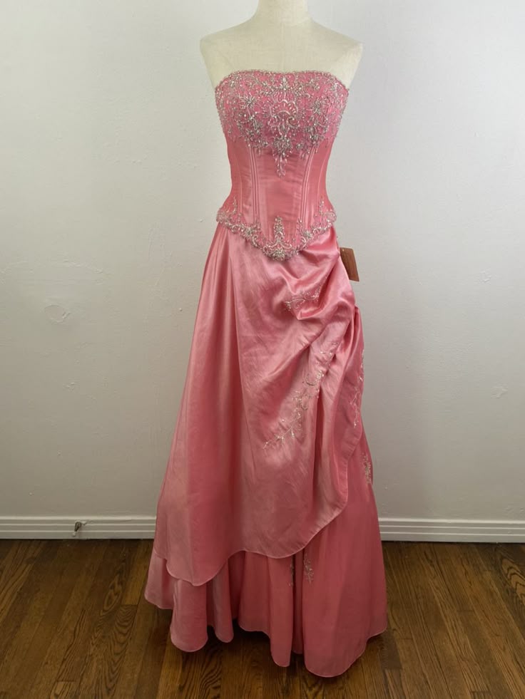 Robe de soirée longue en satin rose, magnifique, scintillante, exquise et délicate, avec perles, gh3584