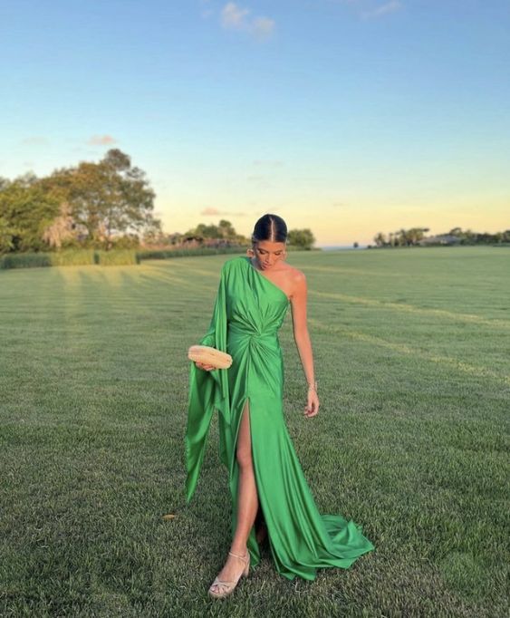 Robe de soirée longue en satin à une épaule simple et verte gh3355