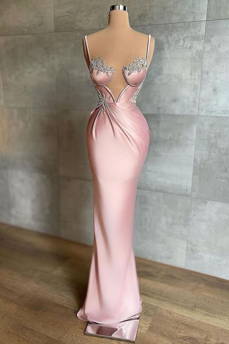 Girlhomeshops-Pink Beaded Elegant Long Satin Ball Gown Evening Dress Party Dress gh5030