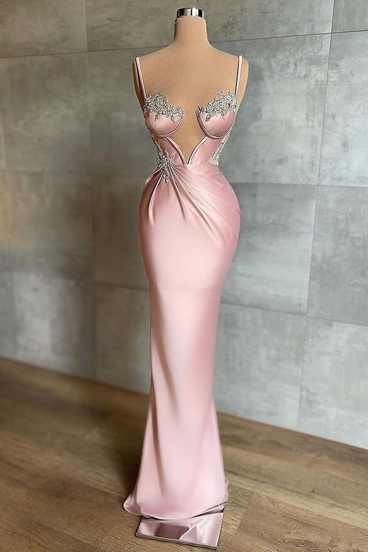 Girlhomeshops-Pink Beaded Elegant Long Satin Ball Gown Evening Dress Party Dress gh5030