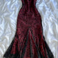 girlhomeshops-Wine Red & Black Floral One-Shoulder Gown, Lace Embroidered Mermaid Hem Evening Dress gh6001