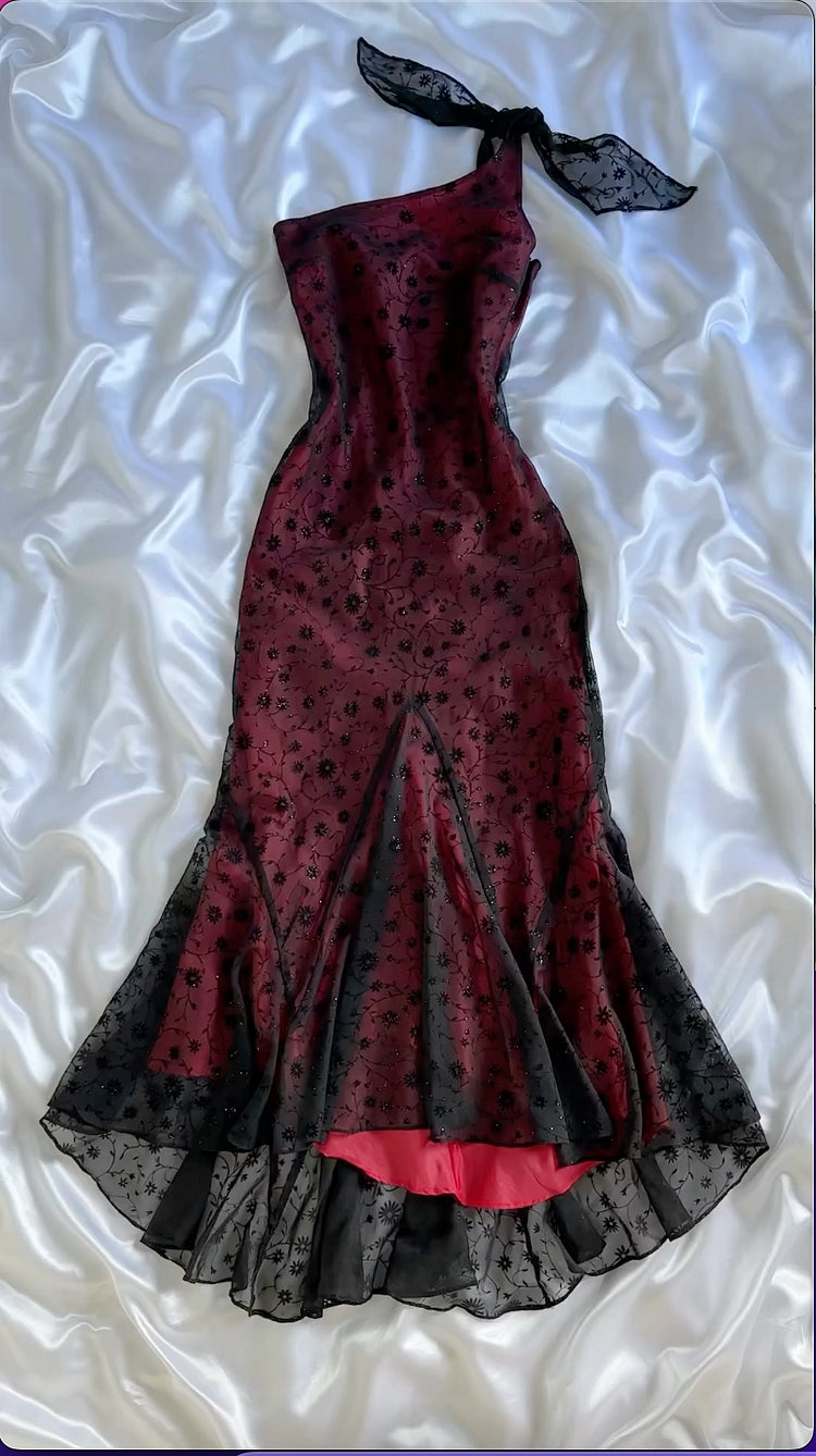 girlhomeshops-Wine Red & Black Floral One-Shoulder Gown, Lace Embroidered Mermaid Hem Evening Dress gh6001