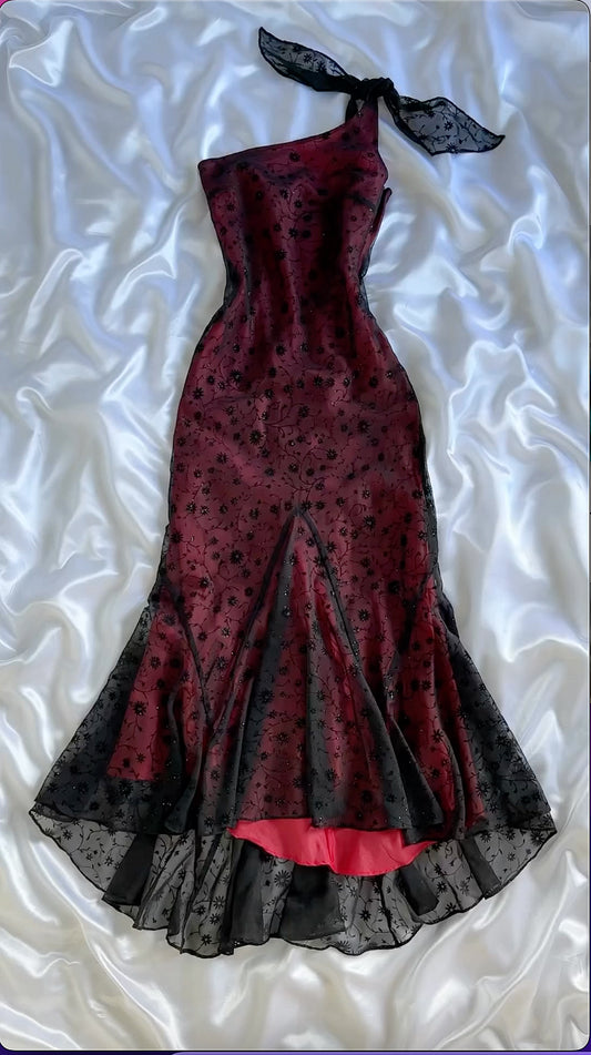 girlhomeshops - Robe de soirée asymétrique à fleurs rouge vin et noires, ourlet sirène en dentelle brodée gh6001