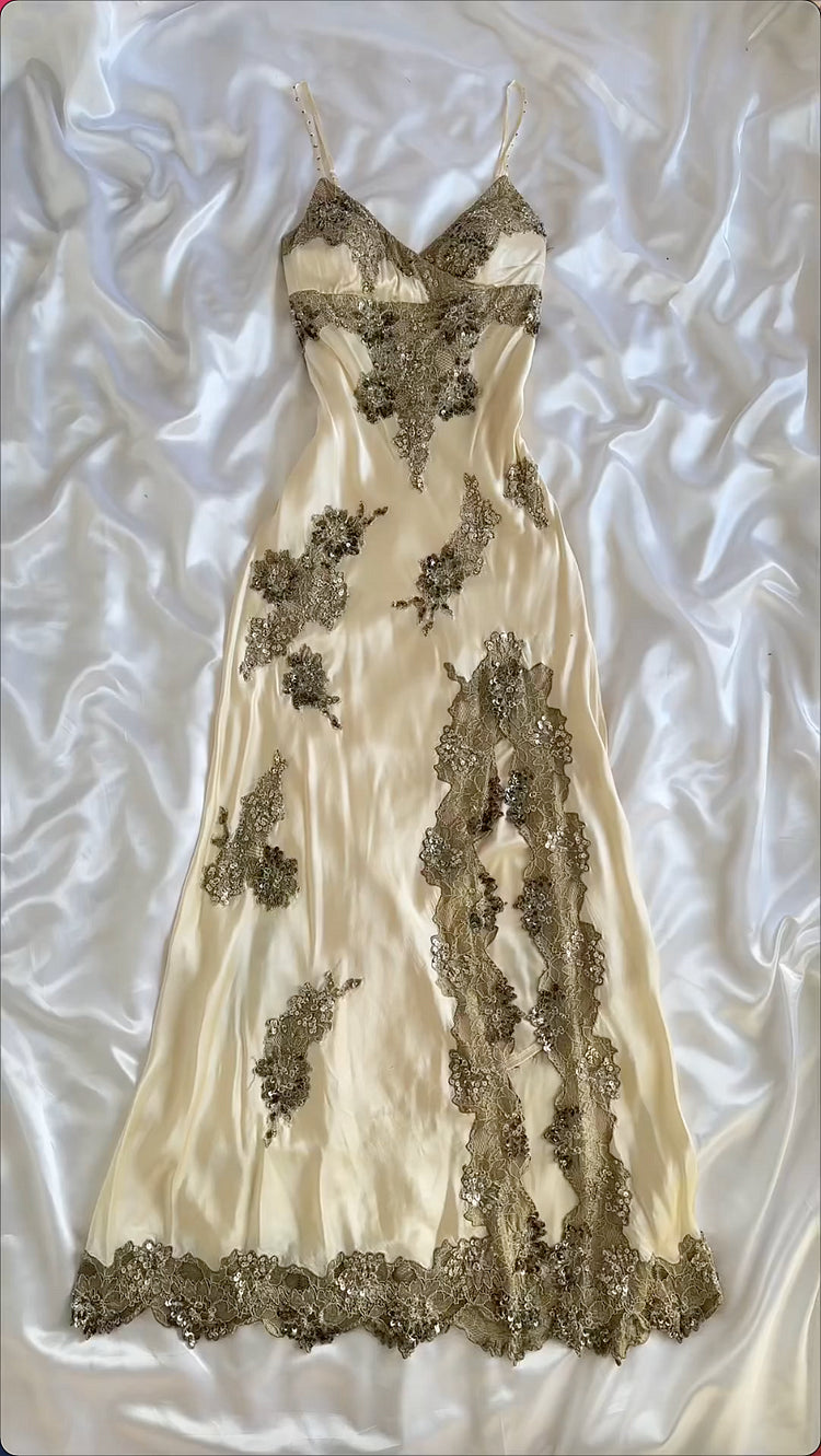 Robe de soirée longue en satin couleur champagne, magnifique, exquise, en dentelle perlée, bretelles spaghetti, robe de bal, robe de soirée gh3511