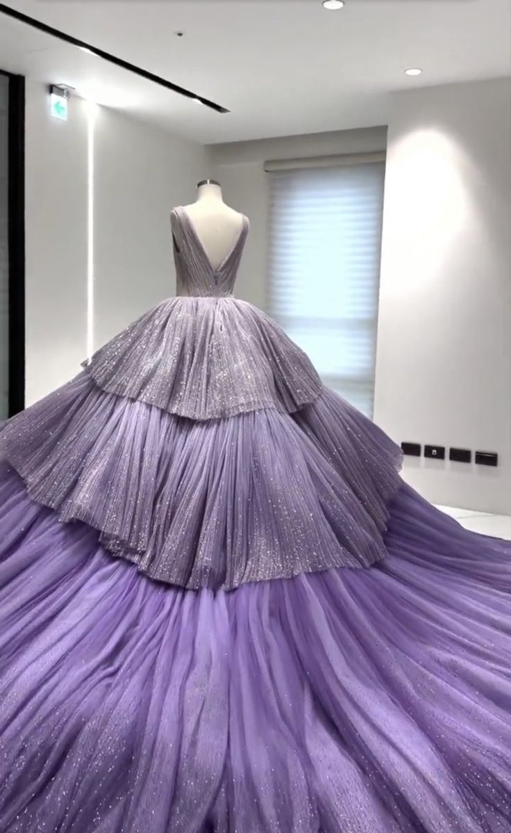 Purple Gorgeous Shiny Elegant A-line Long Tiered Ruffled Tulle Ball Gown Formal Dress Evening Dress Celebrity Dress gh3145
