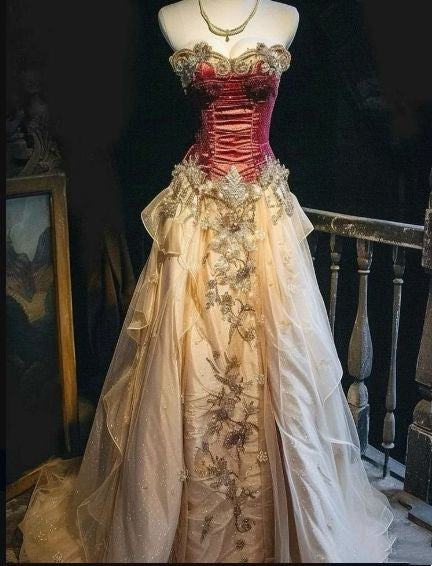 Red gorgeous delicate floral lace long floor-length tulle ball gown evening dress gh3470