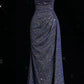 Blue Shiny Elegant Spaghetti Straps Exquisite Beading Sexy Slit Long Mermaid Slim Sequin Ball Gown Evening Dress gh3359