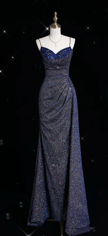 Blue Shiny Elegant Spaghetti Straps Exquisite Beading Sexy Slit Long Mermaid Slim Sequin Ball Gown Evening Dress gh3359