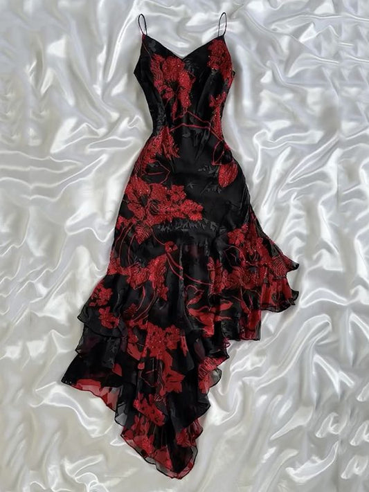 Robe de soirée longue en mousseline de soie, noire et rouge, à fleurs et perles, élégante, robe d'anniversaire, robe de soirée, gh4446